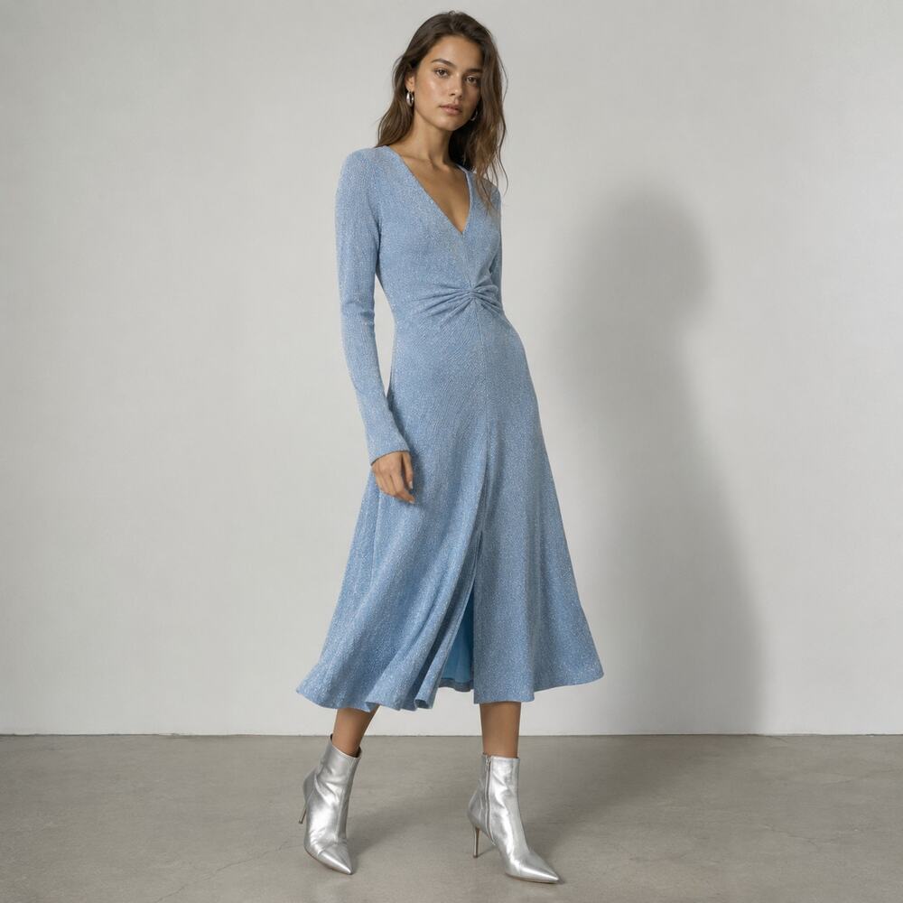 ROTATE Birger Christensen Lurex Sparkle Midi Dress Slit Front Light Blue 38/US6